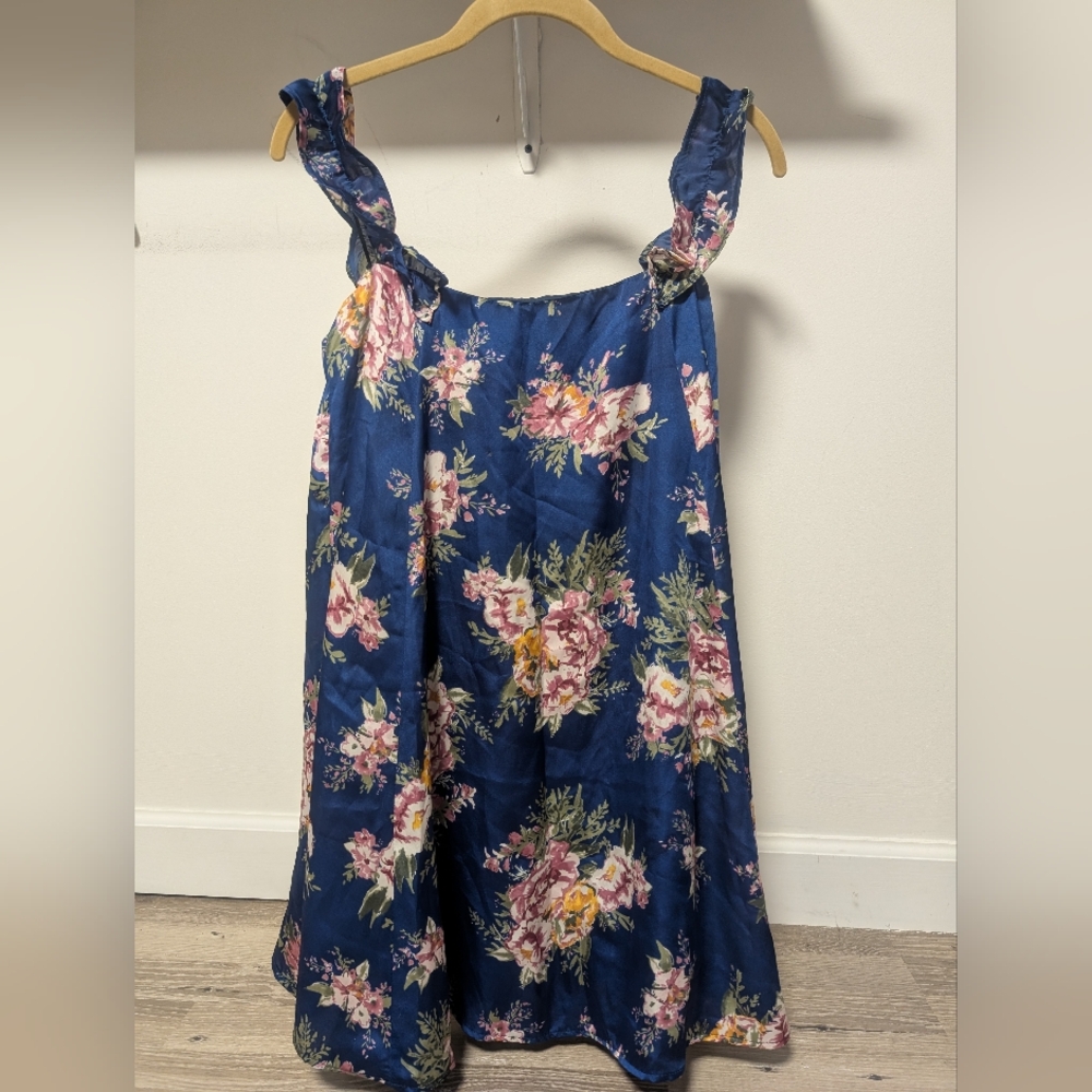 BHLDN Anthropologie Blue Floral Ruffle Baby Doll Dress Size Small